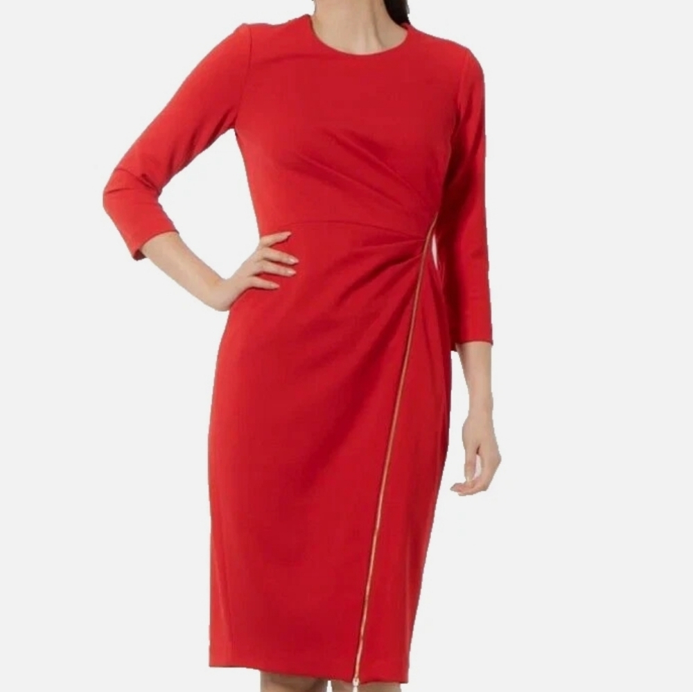 Calvin Klein Elegant Crepe Dress Side Zipper Ruching Detail Red Orange Size 2